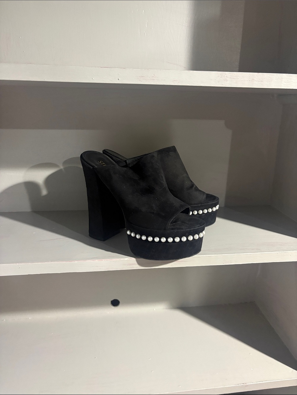 Stuart Weitzman Black Suede Pearl-Trim Platform Mules
